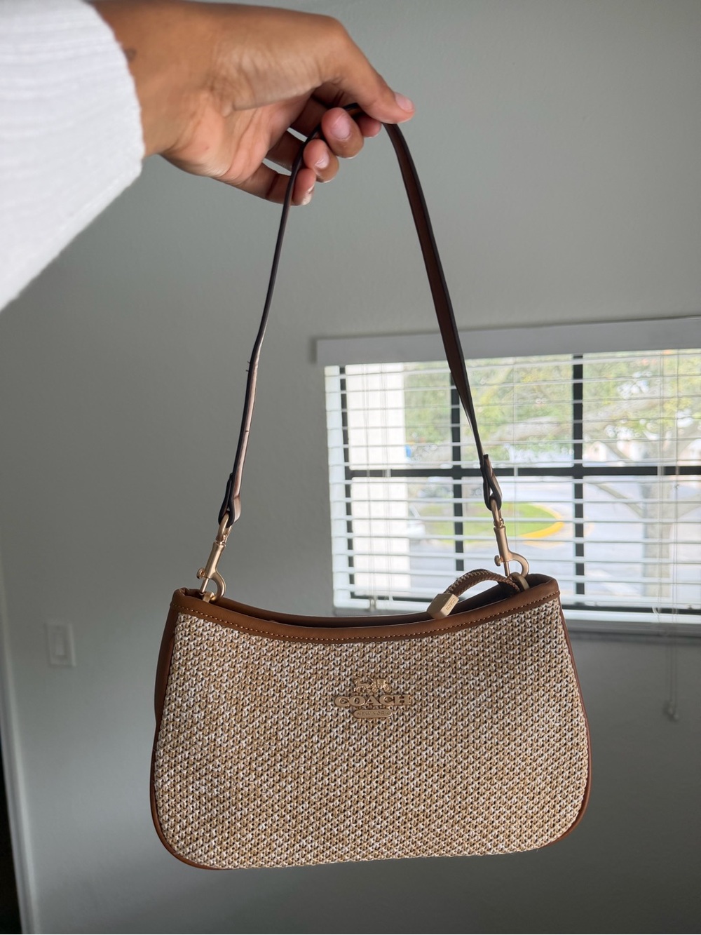 Coach Woven Straw Shoulder Bag with Brown Trim